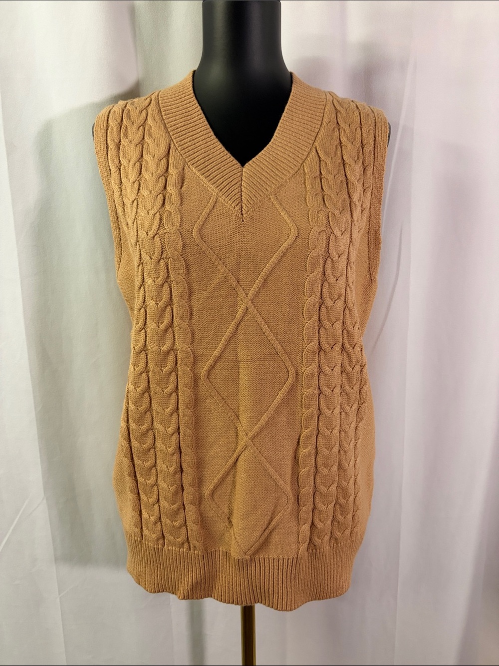 Camel Tan Sleeveless V-Neck Cable Knit Sweater